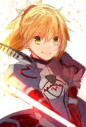 Rule 34 | 1girl, armor, blonde hair, clarent (fate), fate/apocrypha, fate (series), full armor, kuriiro benishi, long hair, looking at viewer, mordred (fate), mordred (fate/apocrypha), ponytail, solo, sword, weapon, white background