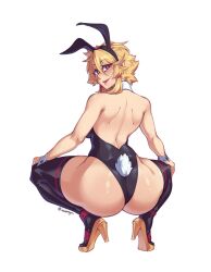 1girl animal_ears ass back backless_leotard blonde_hair blush boots breasts commentary english_commentary fake_animal_ears fake_tail full_body hair_between_eyes hands_on_own_knees high_heel_boots high_heels highres isabongos leotard looking_at_viewer looking_back medium_breasts open_mouth original playboy_bunny rabbit_ears rabbit_tail red_eyes short_hair simple_background solo tail teeth thighhighs tongue twitter_username watermark white_background wrist_cuffs