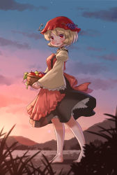 Rule 34 | 1girl, aki minoriko, apple, apron, arinu, barefoot, basket, black choker, blonde hair, bloomers, choker, cloud, commentary request, dusk, food, fruit, full body, grapes, hat, highres, holding, holding basket, leaf, lens flare, looking at viewer, open mouth, pear, petticoat, plant, red eyes, red hat, short hair, skirt, sky, solo, star (sky), touhou, twilight, underwear, wide sleeves
