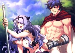 Rule 34 | 1boy, 1girl, abs, axe, bent over, blue eyes, blue hair, blush, breasts, camilla (fire emblem), cape, cleavage, clothed sex, cloud, crescentia fortuna, day, doggystyle, fingerless gloves, fire emblem, fire emblem: path of radiance, fire emblem fates, functionally nude, gauntlets, gloves, hair over one eye, headband, hetero, ike (fire emblem), large breasts, lips, long hair, nail polish, nintendo, nipples, one eye closed, outdoors, purple eyes, purple hair, sex, sex from behind, sky, teeth, tiara, torn clothes, tree, very long hair, wavy hair, weapon