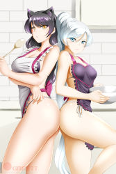 Rule 34 | 2girls, animal ear fluff, animal ears, apron, ass, ass-to-ass, back-to-back, bikini, black hair, blake belladonna, blue eyes, breasts, cat ears, cleavage, closed mouth, collarbone, frilled apron, frills, hair between eyes, hair intakes, highres, indoors, kimmy77, large breasts, long hair, looking at viewer, medium breasts, multiple girls, nearly naked apron, purple apron, ribbon, rwby, side-tie bikini bottom, sideboob, silver hair, standing, swimsuit, very long hair, watermark, weiss schnee, white apron, white ribbon, yellow eyes