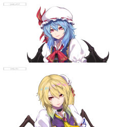 Rule 34 | 2girls, alternate costume, ascot, bat wings, black choker, blonde hair, blue dress, blue hair, bow, bowtie, bright pupils, brooch, choker, closed mouth, collarbone, crystal, dress, expressionless, eyebrows hidden by hair, flandre scarlet, gold trim, hair between eyes, hat, highres, jewelry, light smile, long hair, looking to the side, mini hat, mob cap, multiple girls, one side up, puffy short sleeves, puffy sleeves, purple dress, re (re 09), red bow, red bowtie, red eyes, remilia scarlet, short sleeves, simple background, slit pupils, touhou, upper body, white background, white headwear, wings, yellow ascot