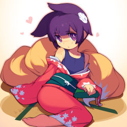 Rule 34 | 1girl, animal ears, barefoot, blue one-piece swimsuit, blunt bangs, borrowed character, copyright request, fox ears, fox tail, heart, japanese clothes, kimono, long sleeves, looking at viewer, metata, multiple tails, obi, one-piece swimsuit, purple eyes, purple hair, red kimono, sash, short hair, solo, sweat, swimsuit, swimsuit under clothes, tail