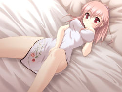 Rule 34 | blush, brown hair, china dress, chinese clothes, dress, long hair, lying, red eyes, thighhighs