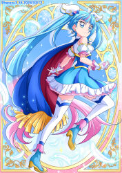 Rule 34 | 1girl, blue eyes, blue hair, cape, commentary request, cure sky, dated, detached sleeves, earrings, fingerless gloves, full body, gloves, hanzou, highres, hirogaru sky! precure, jewelry, long hair, magical girl, pink hair, precure, puffy detached sleeves, puffy sleeves, single earring, single sidelock, smile, solo, sora harewataru, thighhighs, two-sided cape, two-sided fabric, very long hair, white gloves, white thighhighs, wing hair ornament