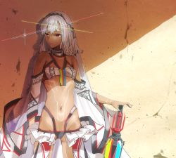 Rule 34 | 10s, 1girl, absurdres, altera (fate), bare shoulders, blunt bangs, collarbone, dark-skinned female, dark skin, detached sleeves, fate/extella, fate/extra, fate/grand order, fate (series), full-body tattoo, headdress, highres, ka (mauve p), midriff, nail polish, navel, photon ray (fate), red eyes, revealing clothes, short hair, simple background, solo, sword, tagme, tan, tattoo, thighs, weapon, white hair, wide hips