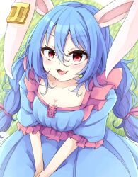 Rule 34 | 1girl, :3, :d, animal ears, blue dress, blue hair, breasts, cleavage, dress, earclip, hair between eyes, highres, long hair, looking at viewer, low twintails, medium breasts, neko mata, open mouth, rabbit ears, rabbit girl, red eyes, seiran (touhou), short sleeves, smile, solo, touhou, twintails