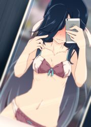 Rule 34 | 10s, 1girl, black hair, bow, bow bra, bra, cellphone, collarbone, covered eyes, hair over one eye, hair ribbon, hayashimo (kancolle), highres, kantai collection, long hair, mirror, navel, panties, phone, red bra, red panties, ribbon, ru2n131, selfie, smartphone, solo, standing, stomach, underwear, underwear only, very long hair, white ribbon