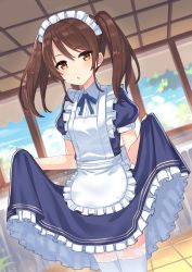 Rule 34 | 1girl, apron, blue dress, blue sky, blurry, blurry background, blush, brown eyes, brown hair, cloud, cloudy sky, commentary request, day, depth of field, dress, dutch angle, frilled apron, frills, hair between eyes, hajime kaname, highres, indoors, long hair, looking at viewer, maid, maid apron, maid headdress, original, parted lips, puffy short sleeves, puffy sleeves, short sleeves, skirt hold, sky, solo, thighhighs, twintails, white apron, white thighhighs