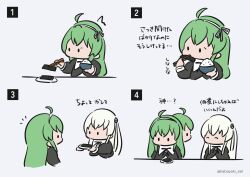 Rule 34 | 2girls, ^ ^, afterimage, ahoge, arms at sides, assault lily, black ribbon, bow hairband, bowl, chibi, chopsticks, closed eyes, cropped jacket, cropped torso, egawa kusumi, flower, green hair, grey background, hair flower, hair ornament, hair ribbon, hairband, hands up, highres, holding, holding bowl, holding chopsticks, holding plate, juliet sleeves, kabayaki (kabayaki eel), long hair, long sleeves, looking at another, looking at food, looking to the side, multiple girls, neck ribbon, no mouth, nori (seaweed), notice lines, plate, profile, puffy sleeves, ribbon, rice, rice bowl, school uniform, shirt, sidelocks, simple background, solid oval eyes, tanaka ichi, translated, turning head, v-shaped eyebrows, white hair, white hairband, white ribbon, white shirt, yurigaoka girls academy school uniform