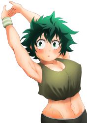 Rule 34 | absurdres, boku no hero academia, breasts, cleavage, eye contact, facing viewer, genderswap, genderswap (mtf), highres, karamell, large breasts, looking at another, looking at viewer, midoriya izuku, open mouth, simple background, sweat, undefined, white background