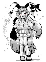 Rule 34 | 1girl, animal ears, blush, blush stickers, rabbit ears, character name, closed eyes, long hair, md5 mismatch, mittens, monochrome, open mouth, reisen udongein inaba, resized, skirt, smile, solo, spot color, sweater, thighhighs, touhou, winter clothes, yt (wai-tei)