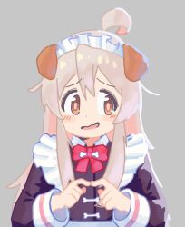 Rule 34 | 1girl, ahoge, animal ears, blush, brown eyes, commentary, dog ears, grey background, gustavo schuler, hair between eyes, highres, kemonomimi mode, long hair, long sleeves, looking away, looking to the side, maid, maid headdress, onii-chan wa oshimai!, open mouth, oyama mahiro, pink hair, sidelocks, simple background, solo, twiddling fingers, upper body, wavy mouth
