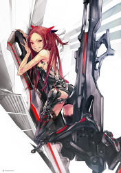 Rule 34 | 10s, 1girl, android, armor, ass, bare shoulders, beatless, black thighhighs, boots, breasts, from behind, grin, highres, kouka (beatless), long hair, looking back, red eyes, red hair, redjuice, revision, science fiction, sideboob, simple background, smile, solo, straddling, thigh boots, thighhighs