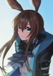 Rule 34 | 1girl, amiya (arknights), animal ears, arknights, black jacket, blue background, blue eyes, brown hair, closed mouth, commentary request, floating hair, gradient background, grey background, haiteng, hood, hood down, hooded jacket, jacket, long hair, looking at viewer, open clothes, open jacket, ponytail, rabbit ears, shirt, sidelocks, signature, smile, solo, upper body, very long hair, white shirt
