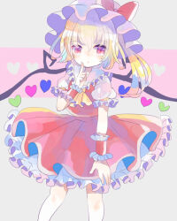 Rule 34 | 1girl, alternate wings, ascot, blonde hair, bow, closed mouth, dot mouth, dot nose, feet out of frame, finger to mouth, flandre scarlet, frilled shirt collar, frilled skirt, frilled sleeves, frills, hair between eyes, hat, hat bow, heart, heart background, hiyuu (hiyualice), long hair, looking at viewer, mob cap, multicolored wings, one side up, pink background, puffy short sleeves, puffy sleeves, red bow, red skirt, red vest, shirt, short sleeves, simple background, skirt, skirt set, solo, touhou, vest, white hat, white shirt, wings, wrist cuffs, yellow ascot