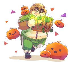 Rule 34 | &gt;w&lt;, 1boy, :3, animal ears, bandaid, bandaid on face, basket, bear boy, bear ears, blush, commentary request, ears through headwear, fang, fang out, fat, fat man, full body, furry, furry male, glasses, gloves, green-framed eyewear, green pants, hat, highres, holding, holding basket, jack-o&#039;-lantern, jacket, male focus, natamaru, open mouth, pants, pumpkin, simple background, smile, solo, straw hat, thick eyebrows, tokyo houkago summoners, triangle, volos (housamo), white background, white gloves