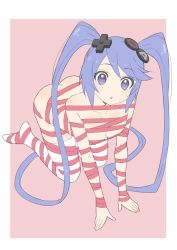 Rule 34 | 1girl, absurdres, all fours, ass, blue hair, blush, border, d-pad, d-pad hair ornament, donguri suzume, hair ornament, highres, inside-chan mk.ii, inside-games (media), long hair, looking at viewer, parted lips, pink background, purple eyes, simple background, solo, thighhighs, twintails, very long hair, virtual youtuber, white border, white thighhighs