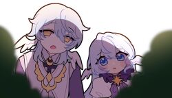 1boy 1girl blue_hair character_request chibi chibi_only head_tilt highres honkai:_star_rail honkai_(series) honobread_(artist) open_mouth tagme yellow_eyes