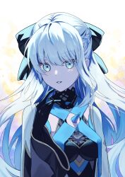 Rule 34 | 1girl, absurdres, black bow, black dress, blue choker, blue eyes, blue lips, blush, bow, braid, breasts, choker, dress, fate/grand order, fate (series), french braid, gloves, grey hair, hair bow, highres, lipstick, long hair, long sleeves, looking at viewer, makeup, medium breasts, morgan le fay (fate), noneko127, ponytail, sidelocks, smile, solo, two-tone dress, very long hair
