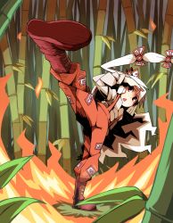 Rule 34 | 1girl, bad id, bad pixiv id, baggy pants, bamboo, bamboo forest, bow, d@i, fire, forest, fujiwara no mokou, hair bow, highres, long hair, long sleeves, multiple hair bows, nature, ofuda, ofuda on clothes, pants, red eyes, red footwear, red pants, sidelocks, solo, suspenders, touhou, white hair