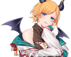 Rule 34 | 1girl, akio (kio2105), blonde hair, blue eyes, bow, breasts, brown sweater, chest tattoo, cleavage, cleavage cutout, clothing cutout, crossed arms, demon girl, demon horns, demon wings, earrings, gradient eyes, green eyes, hand on own chin, highres, hololive, horn ornament, horns, jacket, jewelry, leaning to the side, light smile, looking at viewer, multicolored eyes, off shoulder, official alternate costume, official alternate hairstyle, pointy ears, red bow, short hair, sleeveless, sleeves past wrists, solo, sweater, swept bangs, tattoo, turtleneck, upper body, virtual youtuber, white jacket, wings, yuzuki choco, yuzuki choco (streetwear)
