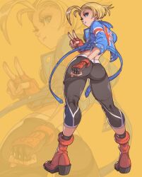 Rule 34 | 1girl, ass, blonde hair, blue eyes, cammy white, crop top, edwin huang, fingerless gloves, from behind, gloves, highres, jacket, pants, short hair, street fighter, street fighter 6, union jack, v
