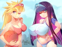 Rule 34 | 2022, 2girls, absurdres, artist name, ball, besthetz, blonde hair, blue eyes, bow, breasts, cleavage, colored inner hair, day, highres, huge breasts, large breasts, long hair, multicolored hair, multiple girls, one eye closed, outdoors, panty &amp; stocking with garterbelt, panty (psg), pink hair, purple hair, siblings, sisters, stocking (psg), swimsuit, visor cap, volleyball, volleyball (object)