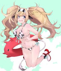 Rule 34 | 1girl, abyssal ship, animal ears, animal print, bikini, blonde hair, blue eyes, blue sky, boots, breasts, cleavage, cloud, commentary request, cow ears, cow horns, cow print, cow tail, enemy lifebuoy (kancolle), fake animal ears, fake horns, full body, gambier bay (kancolle), hairband, horns, innertube, kantai collection, large breasts, long hair, side-tie bikini bottom, sky, solo, swim ring, swimsuit, tail, thigh gap, twintails, white bikini, yumesato makura