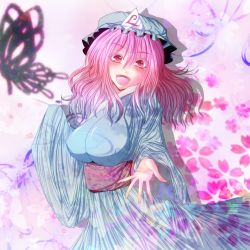 Rule 34 | 1girl, blush, breasts, colored eyelashes, female focus, gradient background, hat, highres, japanese clothes, large breasts, looking at viewer, makurakabar, open mouth, pink hair, red eyes, saigyouji yuyuko, short hair, smile, solo, touhou, triangular headpiece