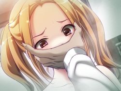 Rule 34 | 1girl, brown eyes, brown hair, covering face, covering own mouth, covering privates, game cg, hell guide, indoors, kawashima hounami, m no violet, male hand, twintails