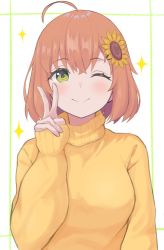 Rule 34 | 1girl, ahoge, alternate costume, blush, breasts, brown hair, closed mouth, flower, green eyes, hair flower, hair ornament, highres, honma himawari, large breasts, long sleeves, looking at viewer, natsunoiroha, nijisanji, one eye closed, short hair, sleeves past wrists, smile, solo, sunflower, sunflower hair ornament, sweater, turtleneck, turtleneck sweater, upper body, v, virtual youtuber, yellow sweater