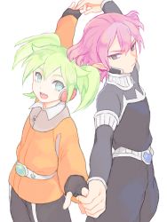 Rule 34 | 2boys, alpha (inazuma eleven), bad id, bad pixiv id, baggy pants, belt, fei rune, fey rune, fingerless gloves, gloves, green eyes, green hair, headset, hirosuke, image sample, inazuma eleven, inazuma eleven (series), inazuma eleven go, inazuma eleven go chrono stone, mabui (poloon), male focus, multiple boys, no pupils, open mouth, pants, pixiv sample, purple hair, twintails