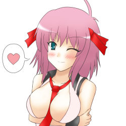 Rule 34 | 1girl, aqua eyes, between breasts, blush, breasts, cleavage, hair ribbon, heart, large breasts, looking at viewer, necktie, one eye closed, open clothes, open shirt, original, pink hair, ribbon, shirt, short hair, speech bubble, wink, yani tama