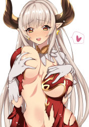 Rule 34 | 10s, 1girl, akishima kei, alicia (granblue fantasy), bad id, bad pixiv id, blush, breast hold, breasts, curvy, draph, earrings, granblue fantasy, heart, horns, huge breasts, jewelry, lactation, long hair, looking at viewer, nipples, open mouth, pointy ears, red eyes, grabbing own breast, silver hair, simple background, smile, solo, torn clothes, white background, wide hips