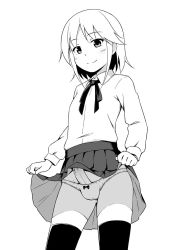Rule 34 | 1boy, artist request, black legwear, blonde hair, clothes lift, erection, highres, lifting own clothes, long sleeves, panties, penis, pleated skirt, school uniform, shirt, short hair, simple background, skirt, skirt lift, tagme, thighhighs, trap, underwear, white background, white panties, white shirt