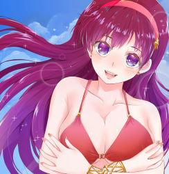 Rule 34 | 1girl, :d, asamiya athena, bikini, blue eyes, blue sky, breasts, cleavage, collarbone, day, earrings, floating hair, gradient hair, hair between eyes, hair ornament, hairband, head tilt, jewelry, lens flare, long hair, medium breasts, multicolored hair, nail polish, o-ring, o-ring bikini, open mouth, outdoors, pink hairband, purple hair, red bikini, red hair, red nails, ryou.r, shiny skin, sky, smile, solo, star (symbol), star hair ornament, swimsuit, the king of fighters, upper body, very long hair