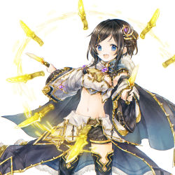 Rule 34 | 1girl, :d, ascot, belt, black hair, black shorts, black thighhighs, blue eyes, blush, breasts, brooch, brown belt, commentary request, copyright request, cryptract, dagger, detached sleeves, dual wielding, fang, hair ornament, hairclip, highres, holding, holding dagger, holding knife, holding weapon, jewelry, kikka (kicca choco), knife, long sleeves, looking at viewer, medium breasts, open mouth, short shorts, shorts, simple background, smile, solo, swept bangs, teeth, thighhighs, upper teeth only, weapon, white background, wide sleeves, yellow ascot