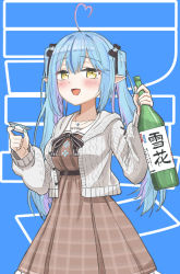 Rule 34 | 1girl, ahoge, blue eyes, blue nails, bottle, bow, breasts, cardigan, colored inner hair, cup, dress, hair bow, heart, heart ahoge, hololive, jewelry, large breasts, multicolored hair, nail polish, necklace, open mouth, plaid, plaid dress, pointy ears, purple hair, sakazuki, sake bottle, smile, solo, twintails, two-tone hair, virtual youtuber, watanabe masafumi (masafumi 127), yukihana lamy, yukihana lamy (casual)