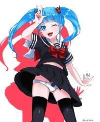 Rule 34 | 1girl, ;d, anazawa nijimi, arm up, black serafuku, black shirt, black skirt, black thighhighs, blue eyes, blue hair, blunt bangs, bow, bowtie, eriizane, floating hair, groin, hair ornament, highres, long hair, mahou shoujo site, miniskirt, one eye closed, open mouth, outstretched arm, outstretched hand, panties, pantyshot, pleated skirt, red bow, red bowtie, sailor collar, school uniform, serafuku, shadow, shiny clothes, shiny skin, shirt, short sleeves, sidelocks, simple background, skirt, smile, solo, standing, thighhighs, twintails, twitter username, underwear, v, white background, white panties, white sailor collar, wink