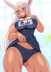 Rule 34 | 1girl, :d, abs, absurdres, animal ears, blush, boku no hero academia, breasts, cameltoe, check commentary, cleavage, clothes lift, clothes pull, commentary request, competition school swimsuit, contrapposto, covered abs, covered erect nipples, covered navel, dark-skinned female, dark skin, finger to cheek, gluteal fold, harurukan, highres, large breasts, lifting own clothes, long eyelashes, long hair, looking at viewer, mirko, muscular, muscular female, name tag, old school swimsuit, open mouth, parted bangs, rabbit ears, rabbit girl, red eyes, school swimsuit, smile, solo, swimsuit, swimsuit lift, teeth, thick thighs, thighs, very long hair, water drop, wet, white hair