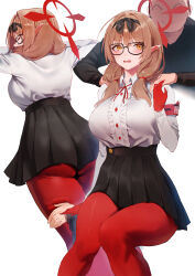 Rule 34 | 1boy, 1girl, absurdres, armband, ass, back, black skirt, blue archive, blush, breasts, chinatsu (blue archive), closed eyes, collared shirt, dress shirt, glasses, gloves, hairband, halo, highres, large breasts, light brown hair, long hair, long sleeves, looking at viewer, low twintails, lying, massage, multiple views, on stomach, open mouth, pantyhose, pleated skirt, pointy ears, red gloves, red pantyhose, rororo, shirt, sitting, skirt, thighs, twintails, white shirt, yellow eyes