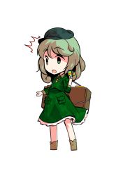 Rule 34 | 1girl, boots, brown footwear, card, chibi, dairi, dress, green dress, green eyes, green hair, green hat, hand up, hat, jewelry, key, key necklace, necklace, open mouth, short hair, simple background, solo, standing, surprised, tachi-e, touhou, transparent background, white background, yamashiro takane