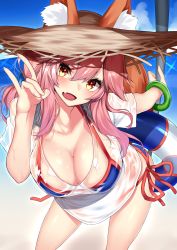 Rule 34 | 10s, 1girl, absurdres, animal ears, beach, bikini, bikini under clothes, blue bikini, blush, bracelet, breasts, collarbone, day, ears through headwear, fang, fate/extra, fate/grand order, fate (series), fox ears, fox shadow puppet, fox tail, hair between eyes, halterneck, hat, highres, hip focus, innertube, jewelry, large breasts, long hair, looking at viewer, nebusoku, outdoors, parasol, pink hair, shirt, side-tie bikini bottom, sidelocks, smile, solo, straw hat, string bikini, sun hat, swim ring, swimsuit, tail, tamamo (fate), tamamo no mae (fate/extra), tamamo no mae (swimsuit lancer) (fate), tamamo no mae (swimsuit lancer) (second ascension) (fate), thighs, umbrella, wet, wet clothes, wet shirt, yellow eyes