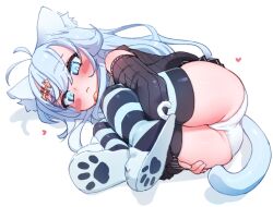 Rule 34 | 1girl, animal ears, antenna hair, ass, blue eyes, blue hair, blue nails, blush stickers, bright pupils, cat ears, cat girl, cat tail, closed mouth, detached sleeves, full body, hair ornament, heart, itsukarine, long hair, long sleeves, lying, on side, original, panties, simple background, slippers, solo, striped clothes, striped thighhighs, tail, thighhighs, underwear, white background, white panties, white pupils