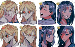 Rule 34 | 2girls, :d, ^ ^, absurdres, angry, blonde hair, blush stickers, closed eyes, closed mouth, collared shirt, colored skin, commentary request, dilated pupils, emoji, expressionless, expressions, hair between eyes, half-closed eyes, happy, highres, long bangs, long hair, messy hair, multiple girls, multiple views, naotin3333, no mouth, open mouth, orange eyes, original, pink skin, profile, purple eyes, purple hair, sad, scowl, shirt, simple background, smile, sweatdrop, tearing up, teeth, unfinished, upper teeth only, veins, veiny face, white background, white shirt, worried