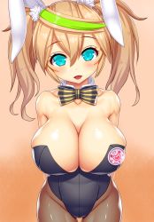 Rule 34 | 1girl, animal ears, aqua eyes, arms behind back, asamura hiori, bare shoulders, black pantyhose, blonde hair, blush, bow, bowtie, breasts, brown pantyhose, choker, cleavage, detached collar, fake animal ears, fang, gene (pso2), hair between eyes, highres, huge breasts, leotard, long hair, looking at viewer, multicolored hair, open mouth, pantyhose, phantasy star, phantasy star online 2, playboy bunny, rabbit ears, smile, solo, twintails