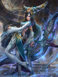 Rule 34 | 1girl, armlet, ass, asymmetrical gloves, backless outfit, black hair, blue eyes, boots, chain, detached sleeves, energy, from side, gloves, high heels, highres, holding, holding weapon, huge weapon, jeremy chong, large hat, long hair, long sleeves, looking at viewer, meir, mobius final fantasy, single detached sleeve, thigh boots, weapon