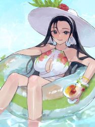 Rule 34 | 1girl, bikini, breasts, cherry, earrings, floral print, food, fruit, headband, highres, innertube, jewelry, kagura chizuru, large breasts, long hair, looking at viewer, one-piece swimsuit, oni gini, solo, swim ring, swimsuit, the king of fighters, tongue, tongue out, water, white bikini, white one-piece swimsuit