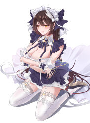 Rule 34 | 1girl, absurdres, arm hug, azur lane, black dress, breasts, brown hair, cheshire (azur lane), cleavage, commission, dress, hiei (azur lane), high heels, highres, kamina (kamin789), large breasts, long hair, looking at viewer, maid, maid headdress, pixiv commission, solo, thighhighs, white background, yellow eyes